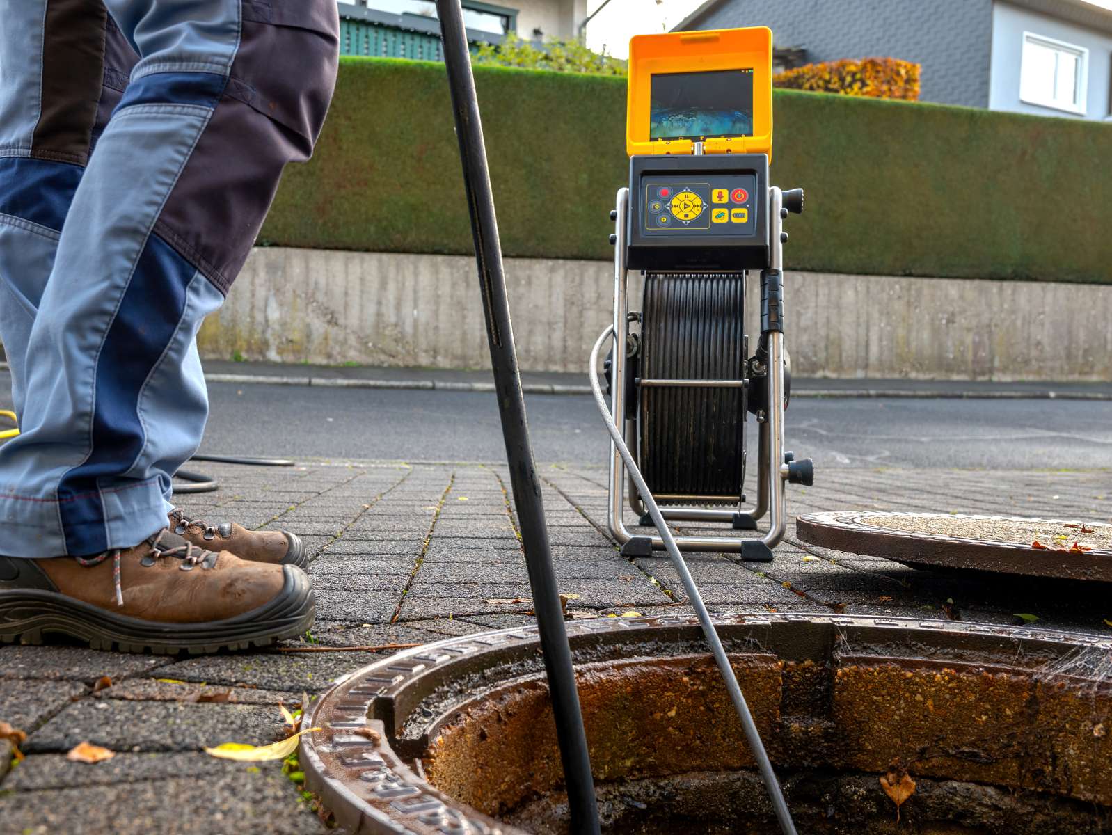 A drain inspection camera set up at an open access pit