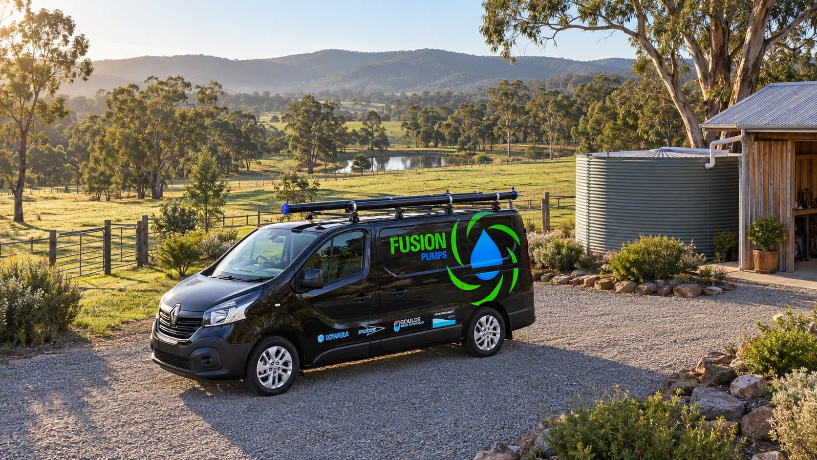 Fusion Pumps service van beside a water tank on a rural property